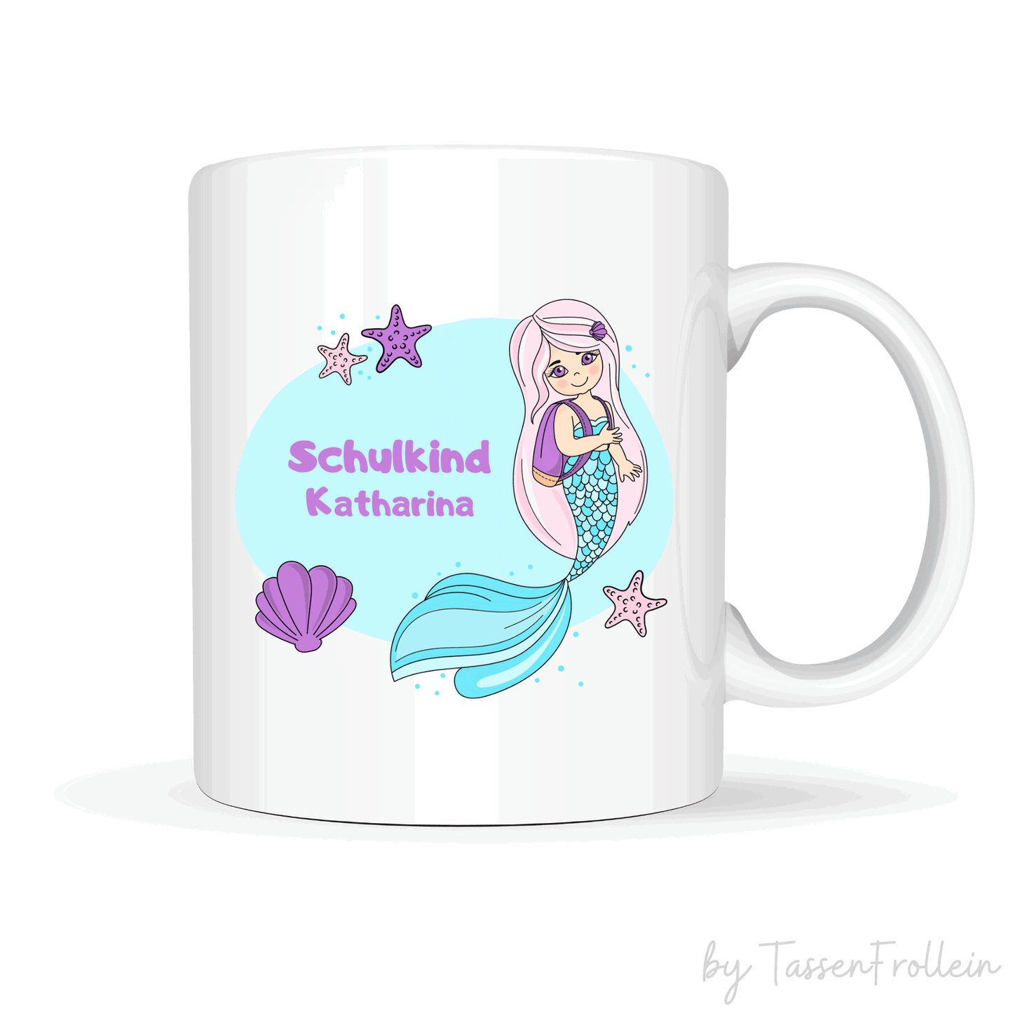 Tasse Meerjungfrau - mit Name - blauer Hintergrund - Schulkindtasse - TassenFrollein