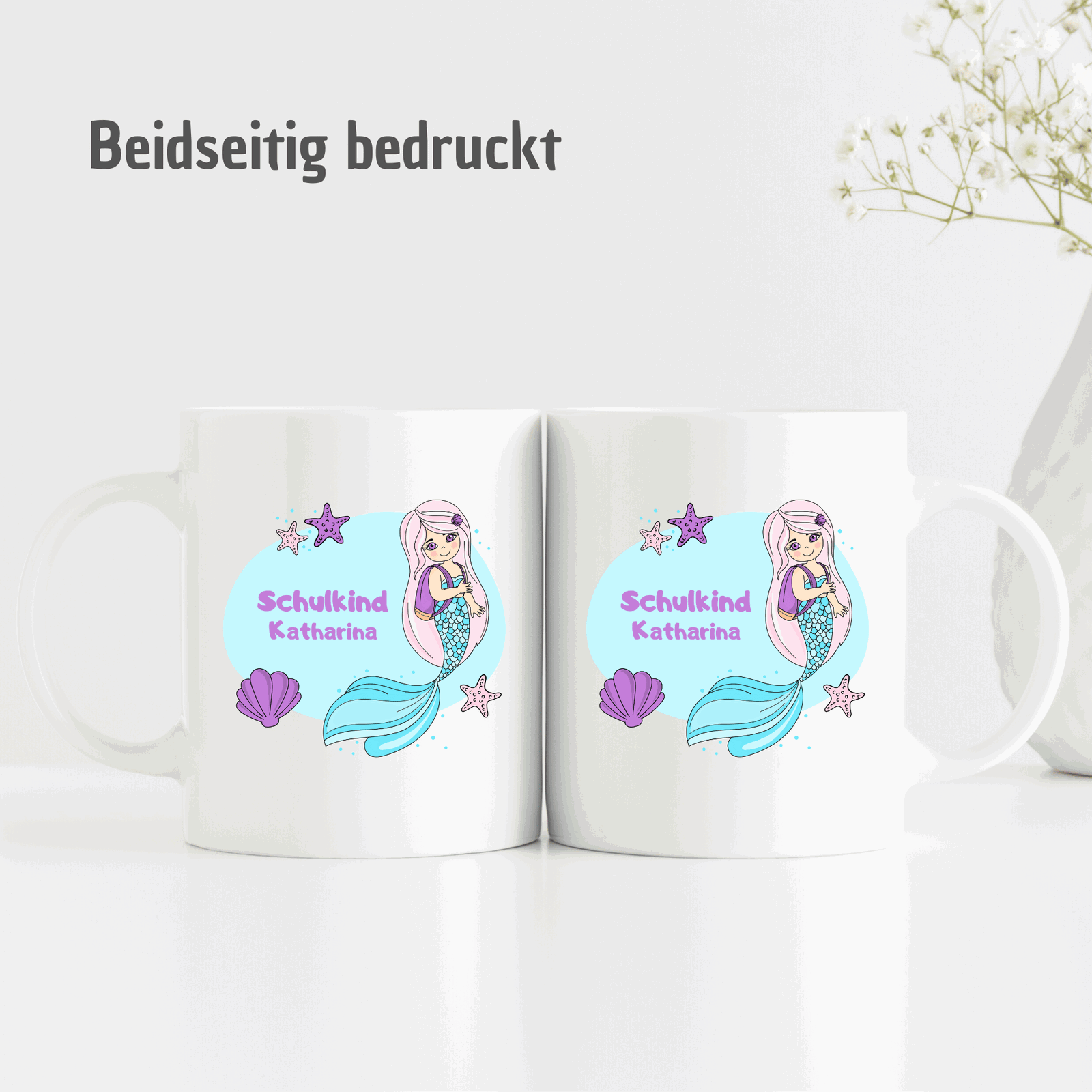 Tasse Meerjungfrau - mit Name - blauer Hintergrund - Schulkindtasse - TassenFrollein