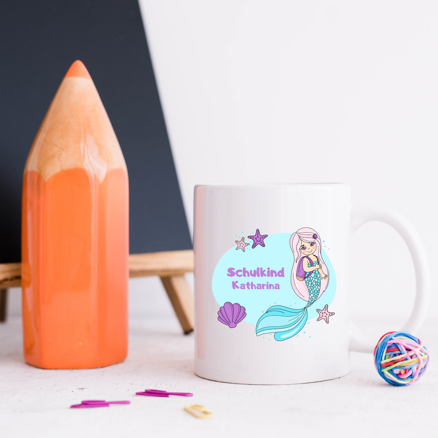 Tasse Meerjungfrau - mit Name - blauer Hintergrund - Schulkindtasse - TassenFrollein
