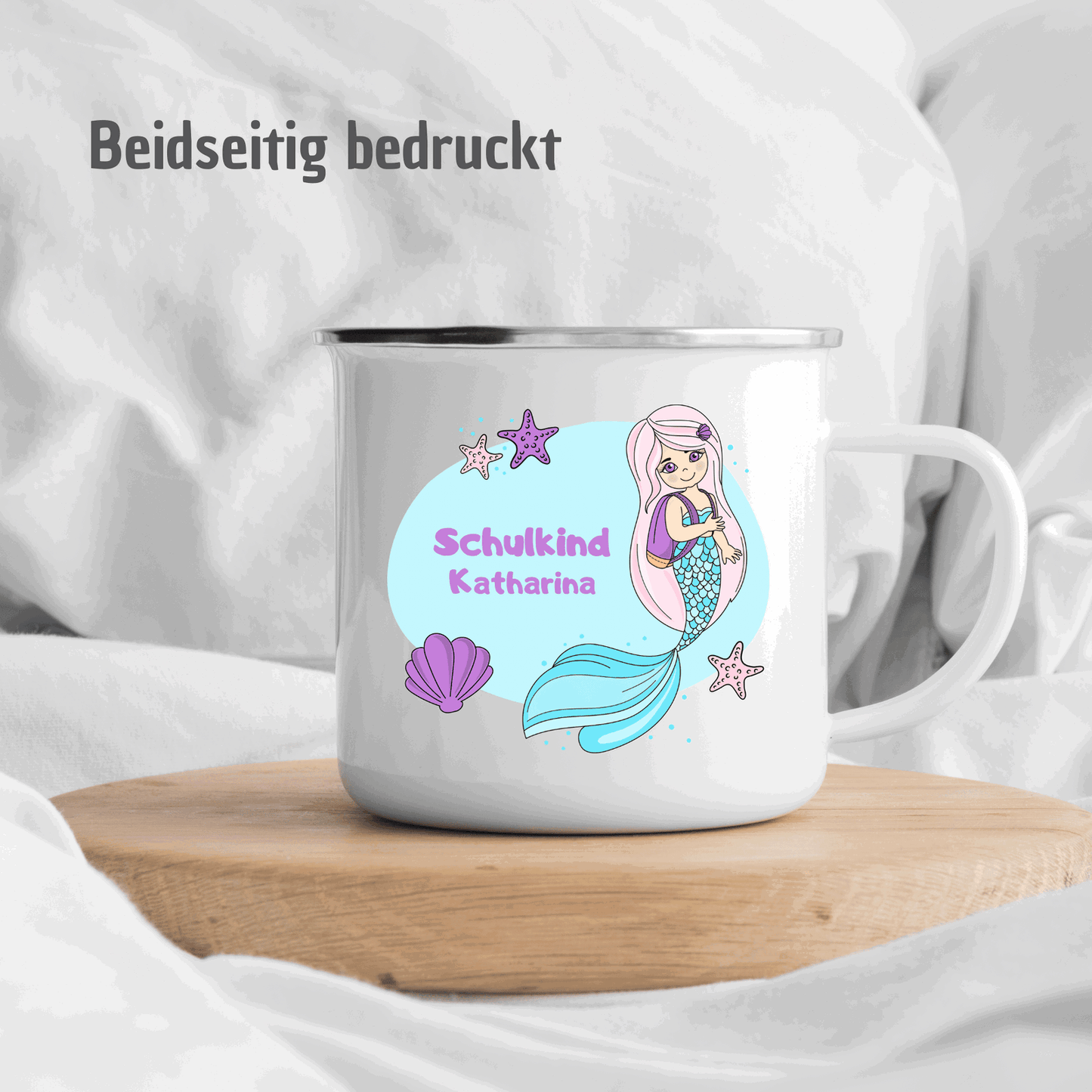 Tasse Meerjungfrau - mit Name - blauer Hintergrund - Schulkindtasse - TassenFrollein