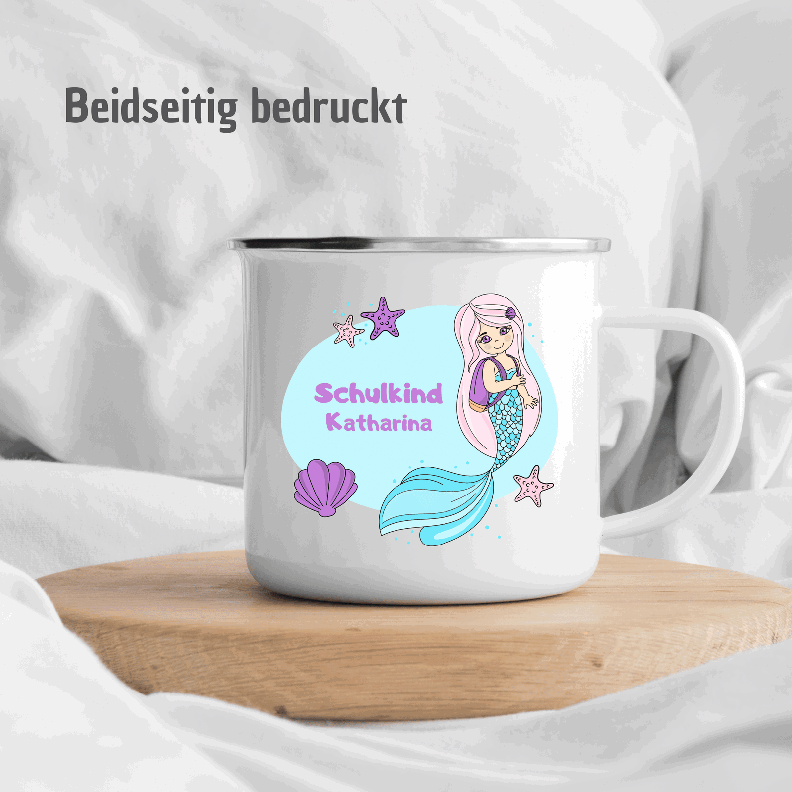 Tasse Meerjungfrau - mit Name - blauer Hintergrund - Schulkindtasse - TassenFrollein