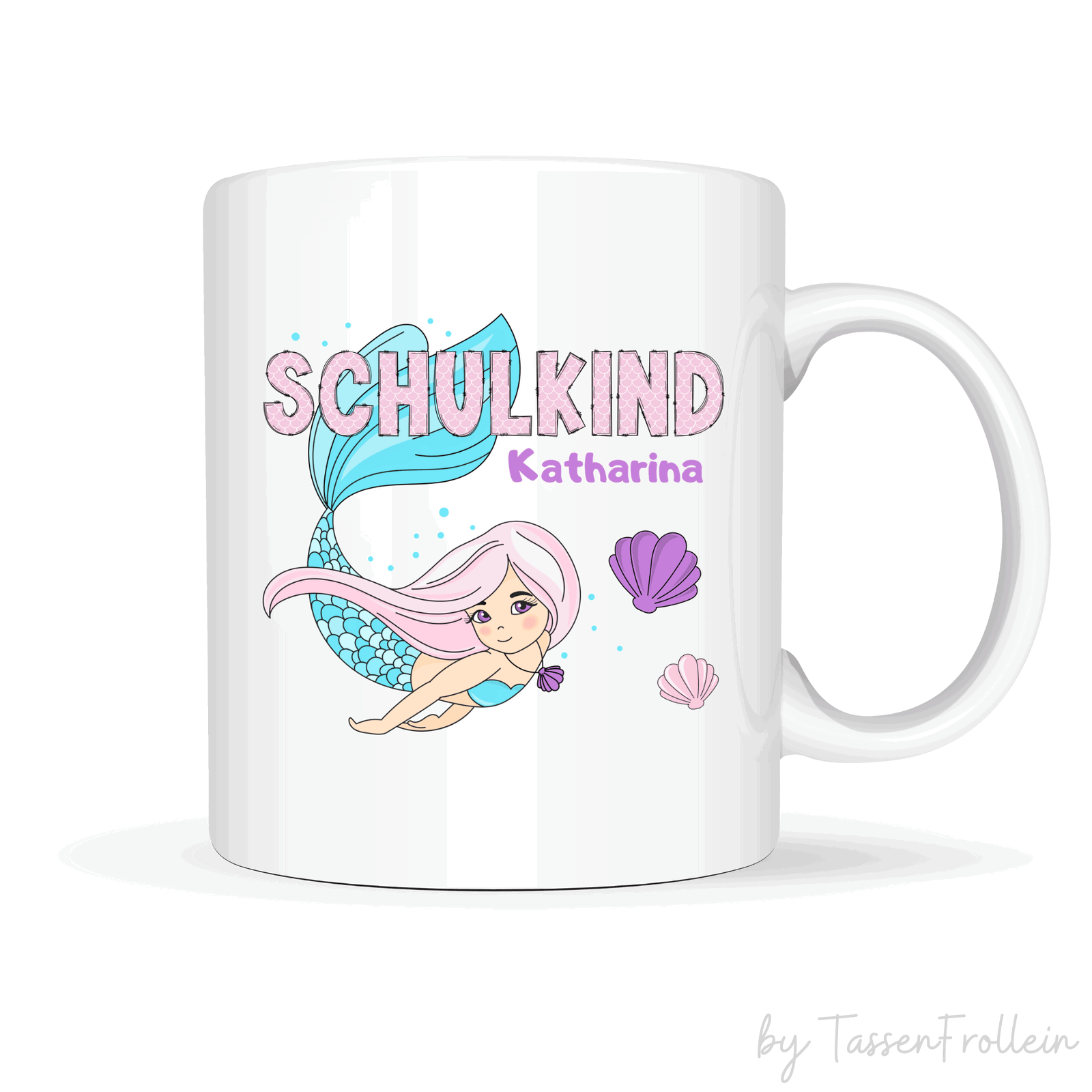 Tasse Meerjungfrau - mit Name - rosa Schuppen-Schrift - Schulkindtasse - TassenFrollein