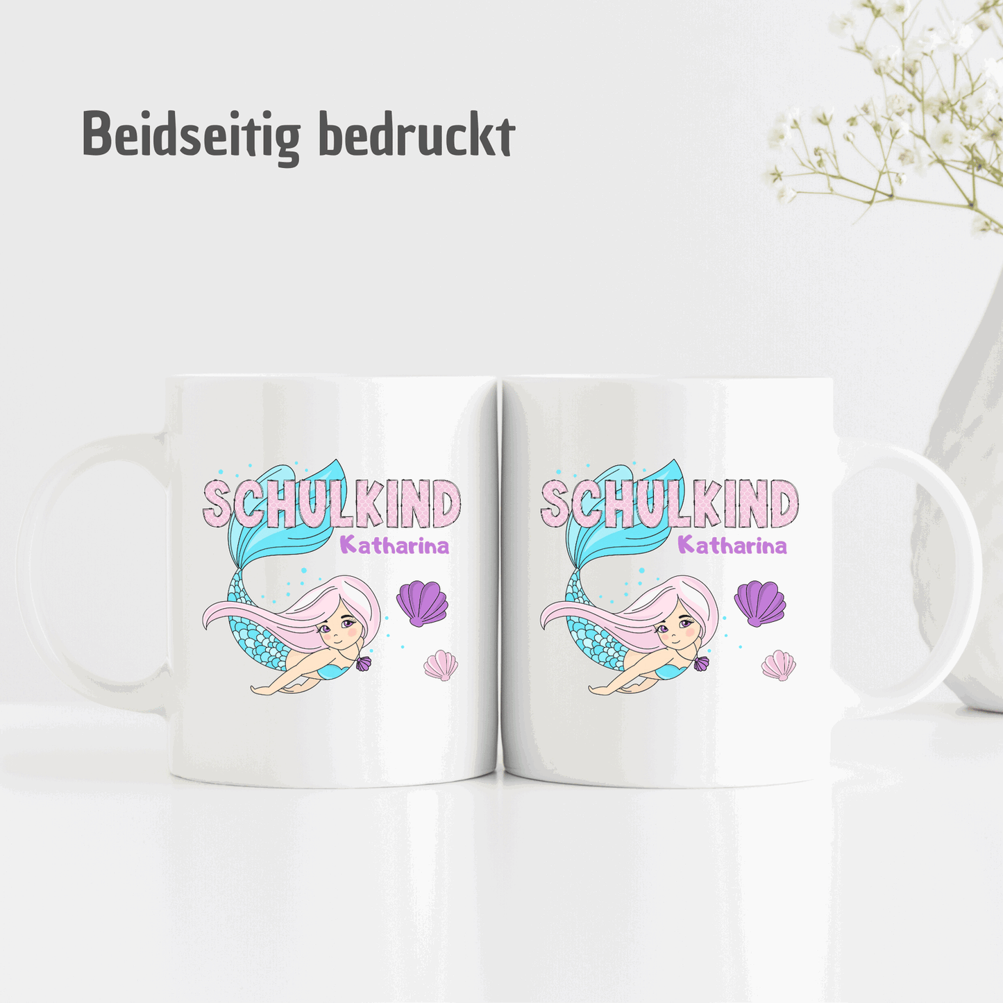 Tasse Meerjungfrau - mit Name - rosa Schuppen-Schrift - Schulkindtasse - TassenFrollein