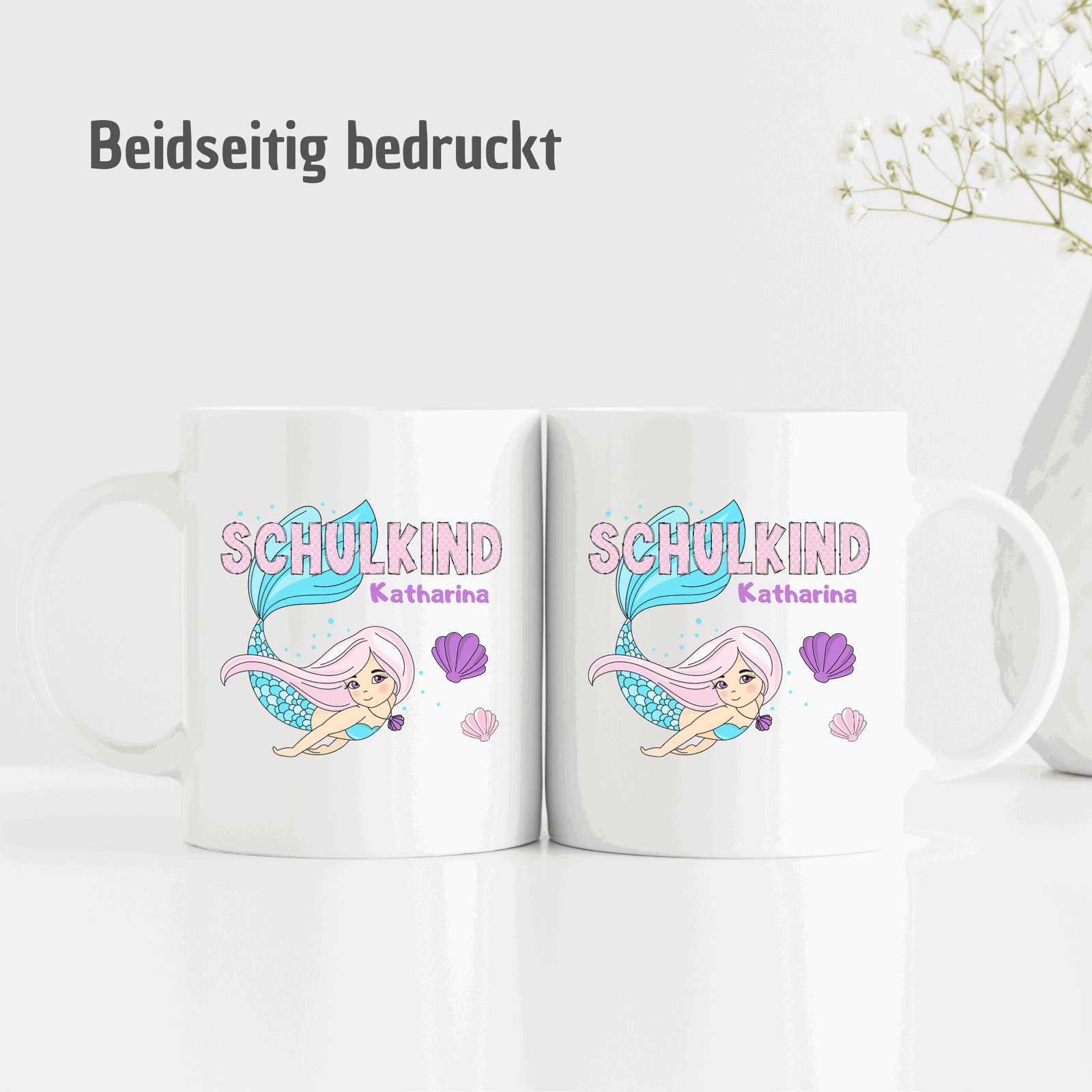 Tasse Meerjungfrau - mit Name - rosa Schuppen-Schrift - Schulkindtasse - TassenFrollein