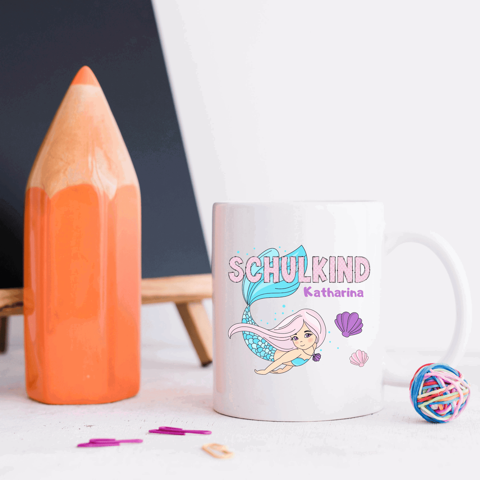 Tasse Meerjungfrau - mit Name - rosa Schuppen-Schrift - Schulkindtasse - TassenFrollein