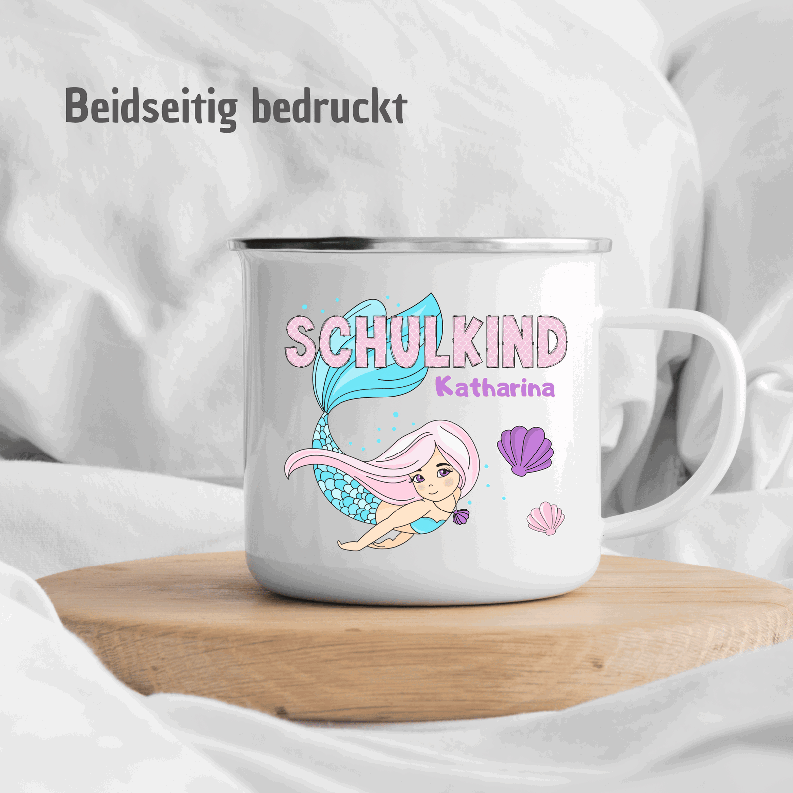 Tasse Meerjungfrau - mit Name - rosa Schuppen-Schrift - Schulkindtasse - TassenFrollein