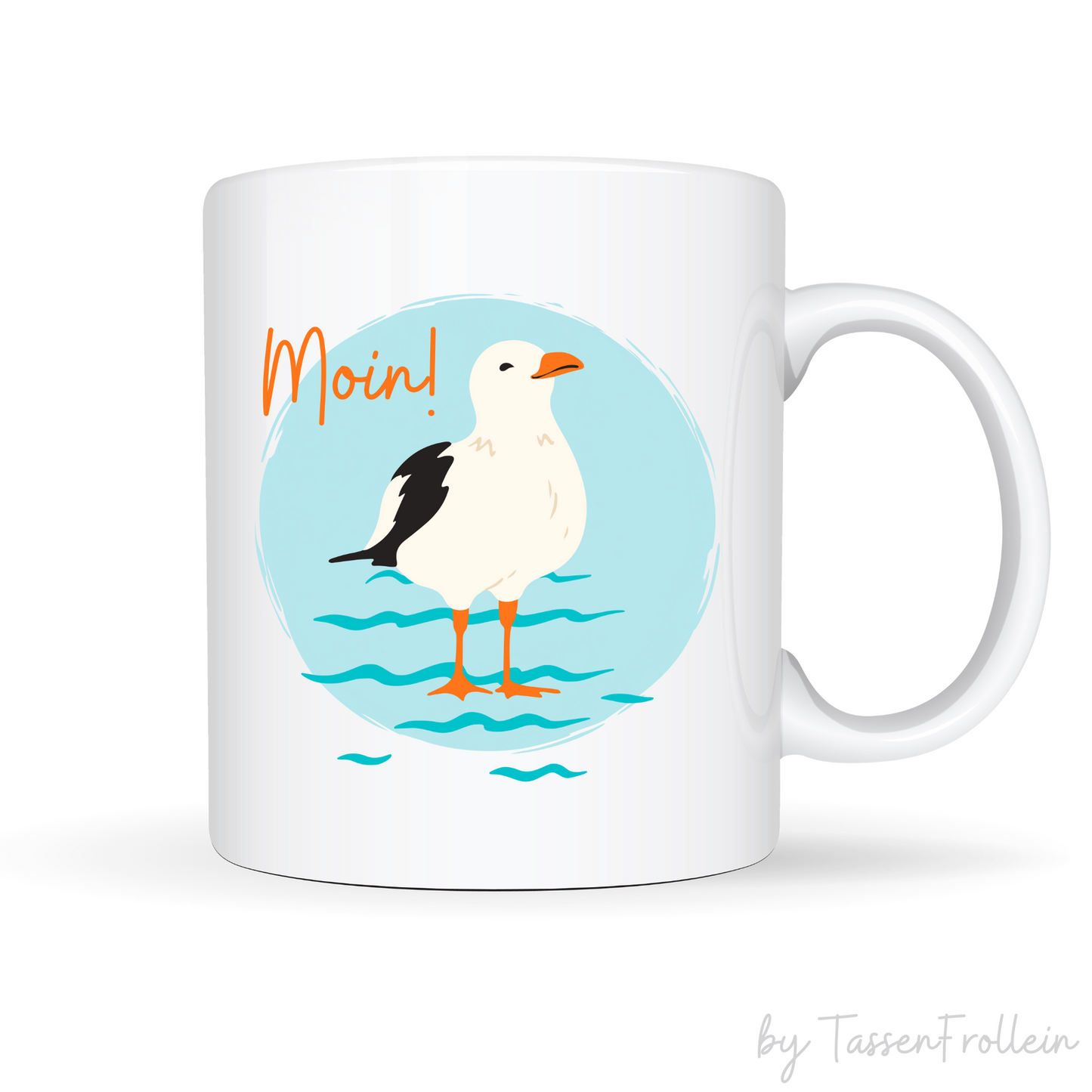 Tasse "Moin!" - niedliche Möwe auf blauem Hintergrund - TassenFrollein