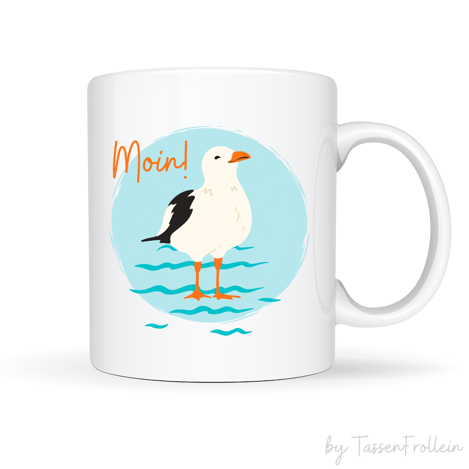 Tasse "Moin!" - niedliche Möwe auf blauem Hintergrund - TassenFrollein