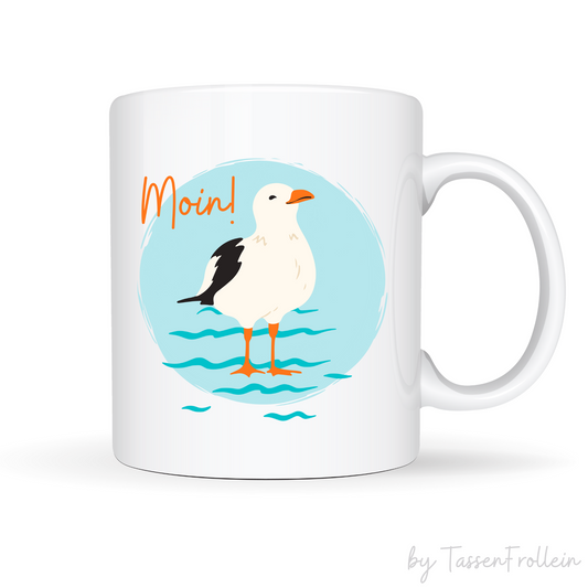 Tasse "Moin!" - niedliche Möwe auf blauem Hintergrund - TassenFrollein