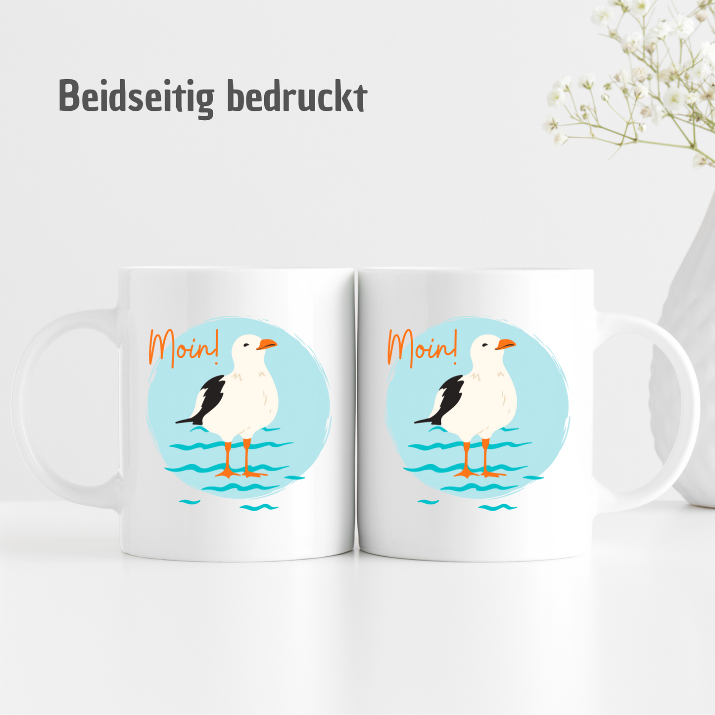 Tasse "Moin!" - niedliche Möwe auf blauem Hintergrund - TassenFrollein