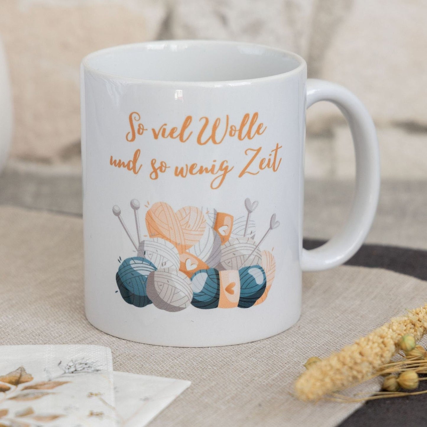Tasse "So viel Wolle und so wenig Zeit" - Wollknäuel Motiv - TassenFrollein