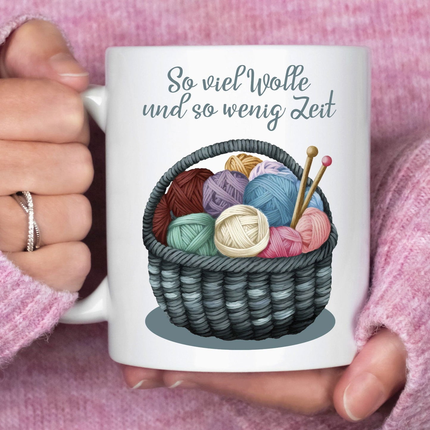 Tasse "So viel Wolle und so wenig Zeit" - Wollknäuel im Korb - TassenFrollein