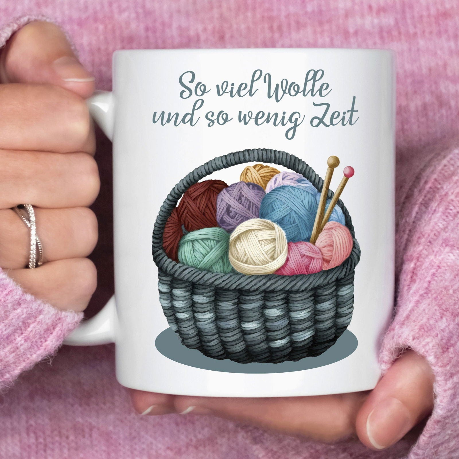 Tasse "So viel Wolle und so wenig Zeit" - Wollknäuel im Korb - TassenFrollein