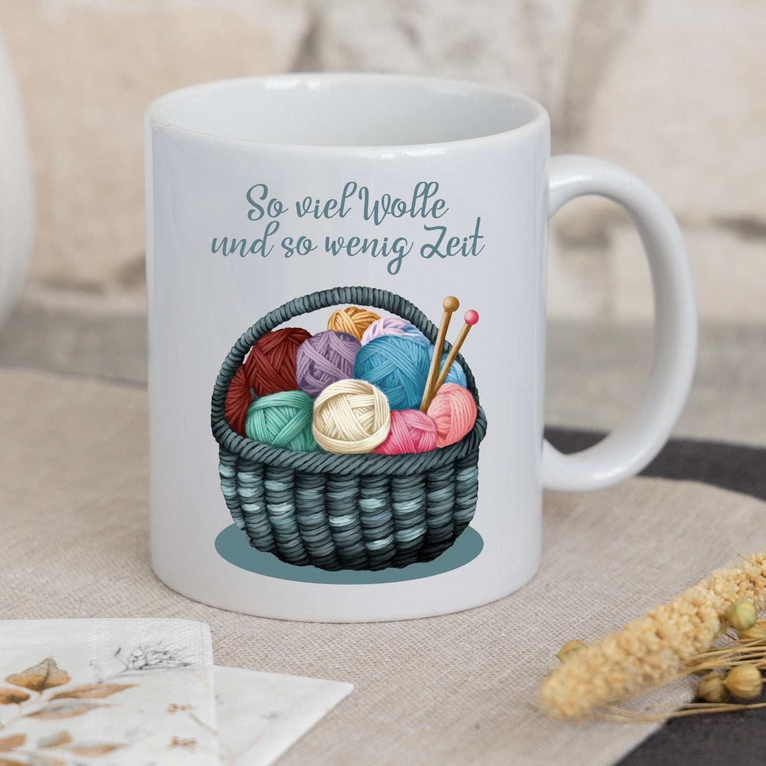 Tasse "So viel Wolle und so wenig Zeit" - Wollknäuel im Korb - TassenFrollein