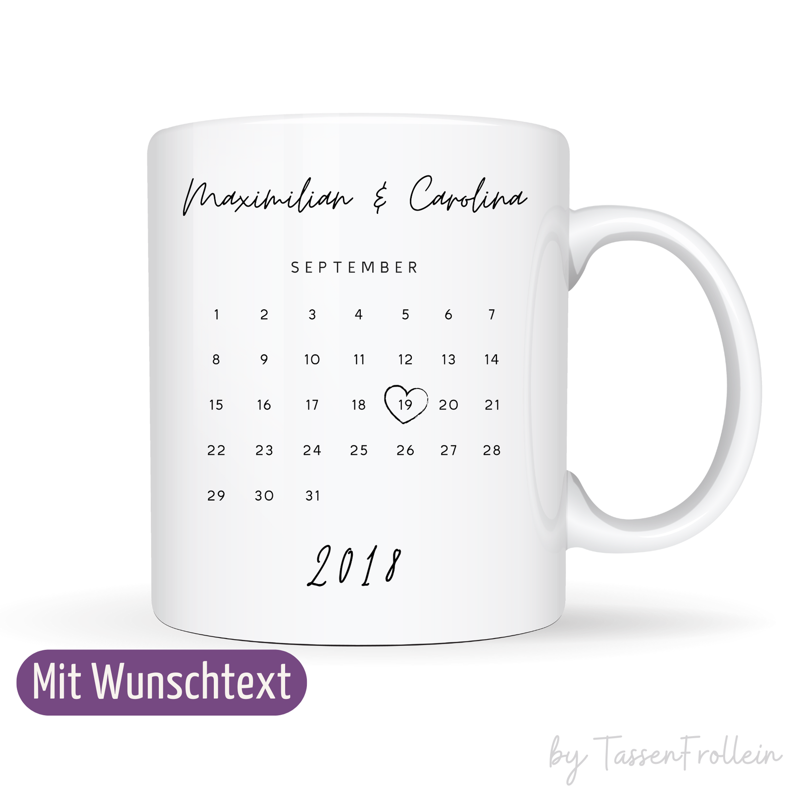 Tasse mit Namen und Datum - personalisierbar mit Wunschtext - Kalender-Tasse - TassenFrollein