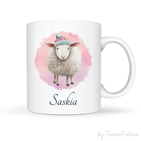 Tasse mit Schaf auf rosa Hintergrund - personalisierbar mit Namen - TassenFrollein