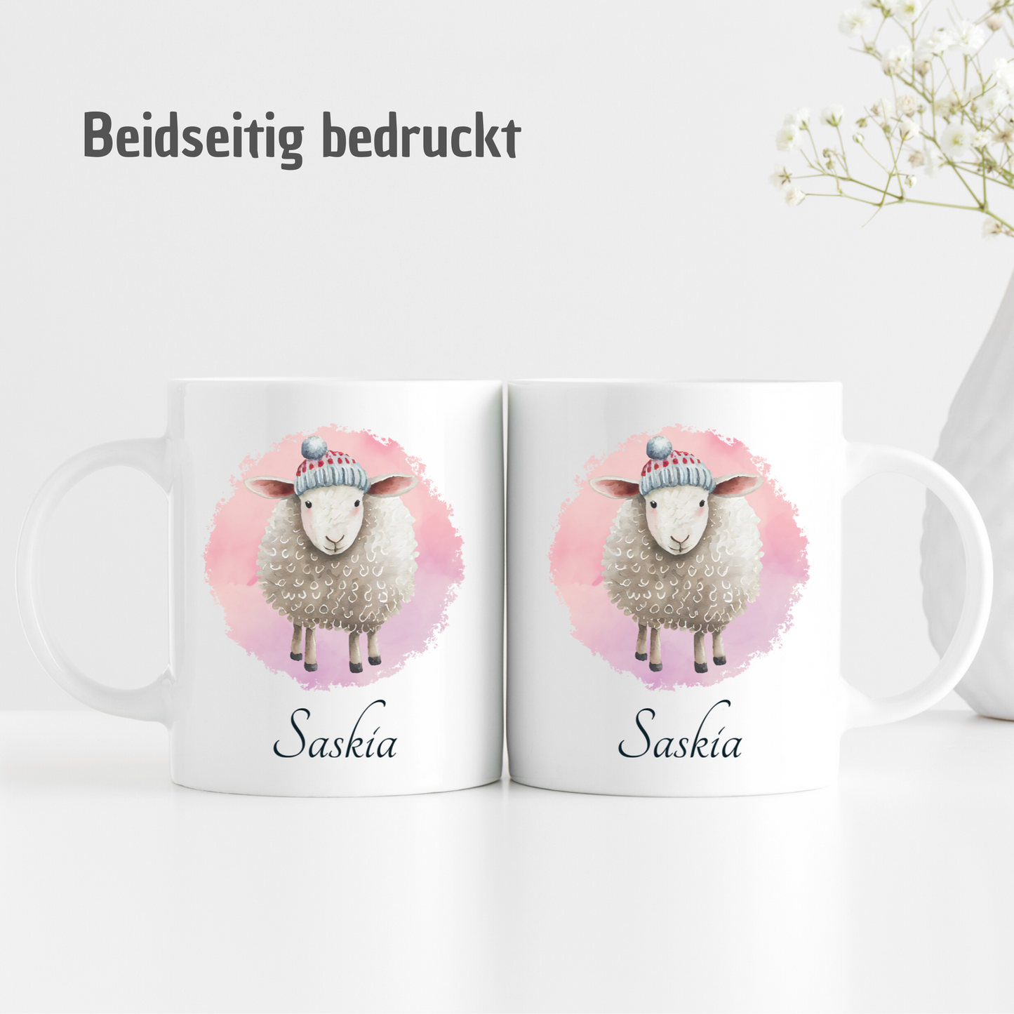 Tasse mit Schaf auf rosa Hintergrund - personalisierbar mit Namen - TassenFrollein
