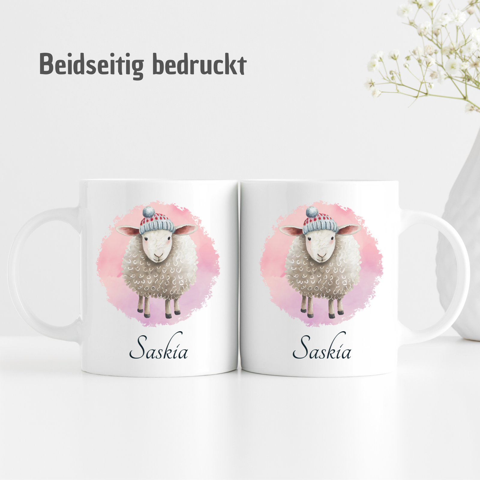Tasse mit Schaf auf rosa Hintergrund - personalisierbar mit Namen - TassenFrollein