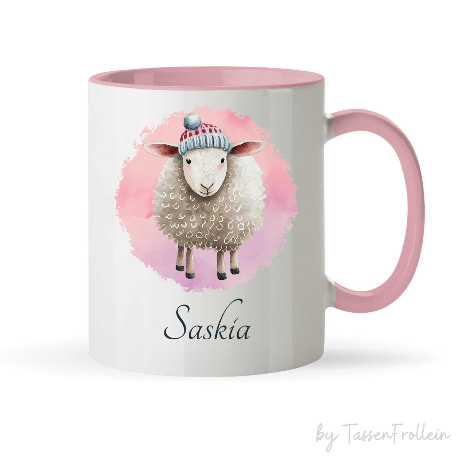 Tasse mit Schaf auf rosa Hintergrund - personalisierbar mit Namen - TassenFrollein