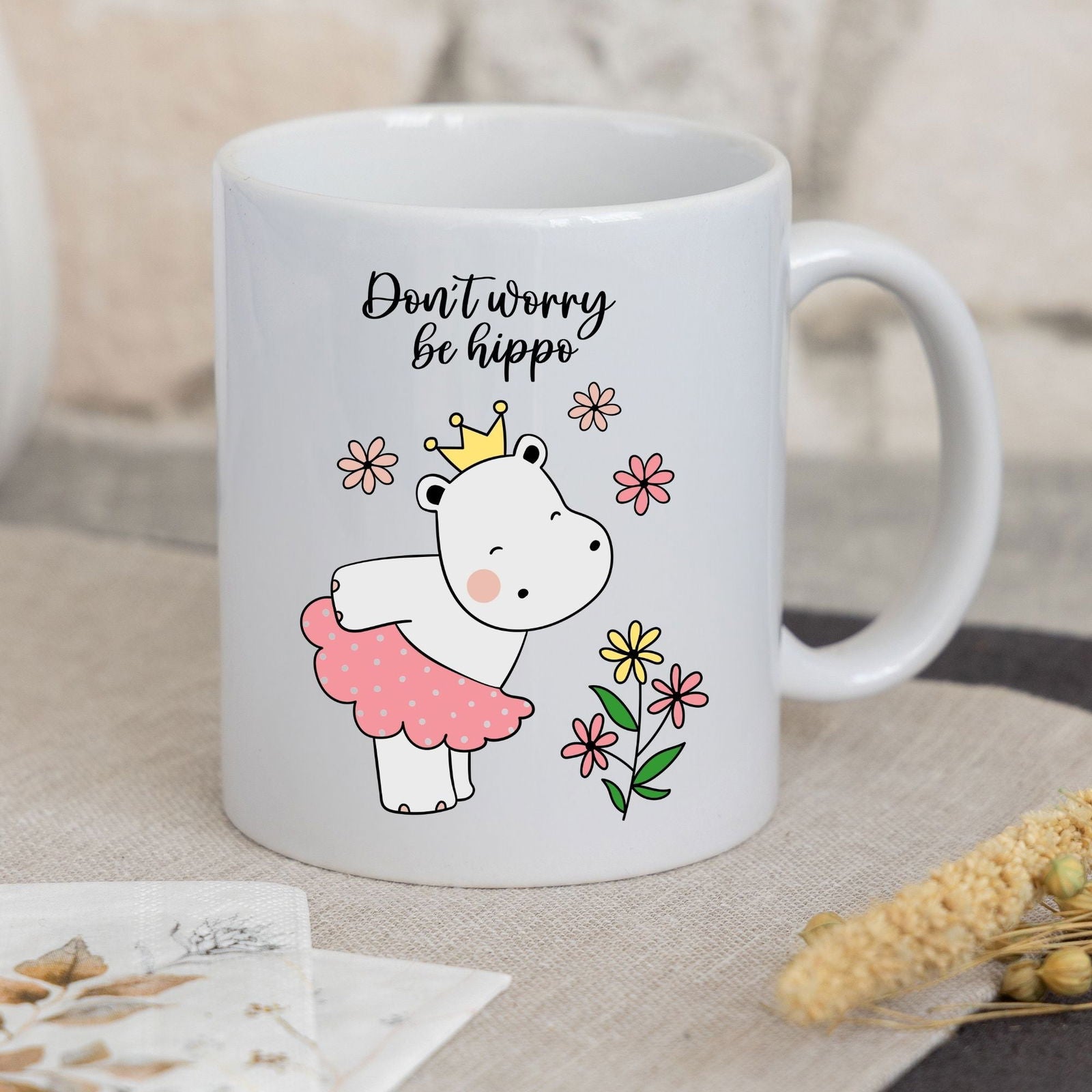 Tasse mit Spruch "Don't worry be hippo" und niedlichem Nilpferd - TassenFrollein