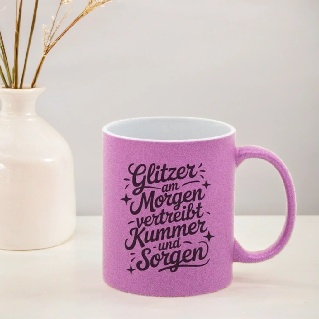 Tasse pink Glitzer "Glitzer am Morgen vertreibt Kummer und Sorgen" - TassenFrollein