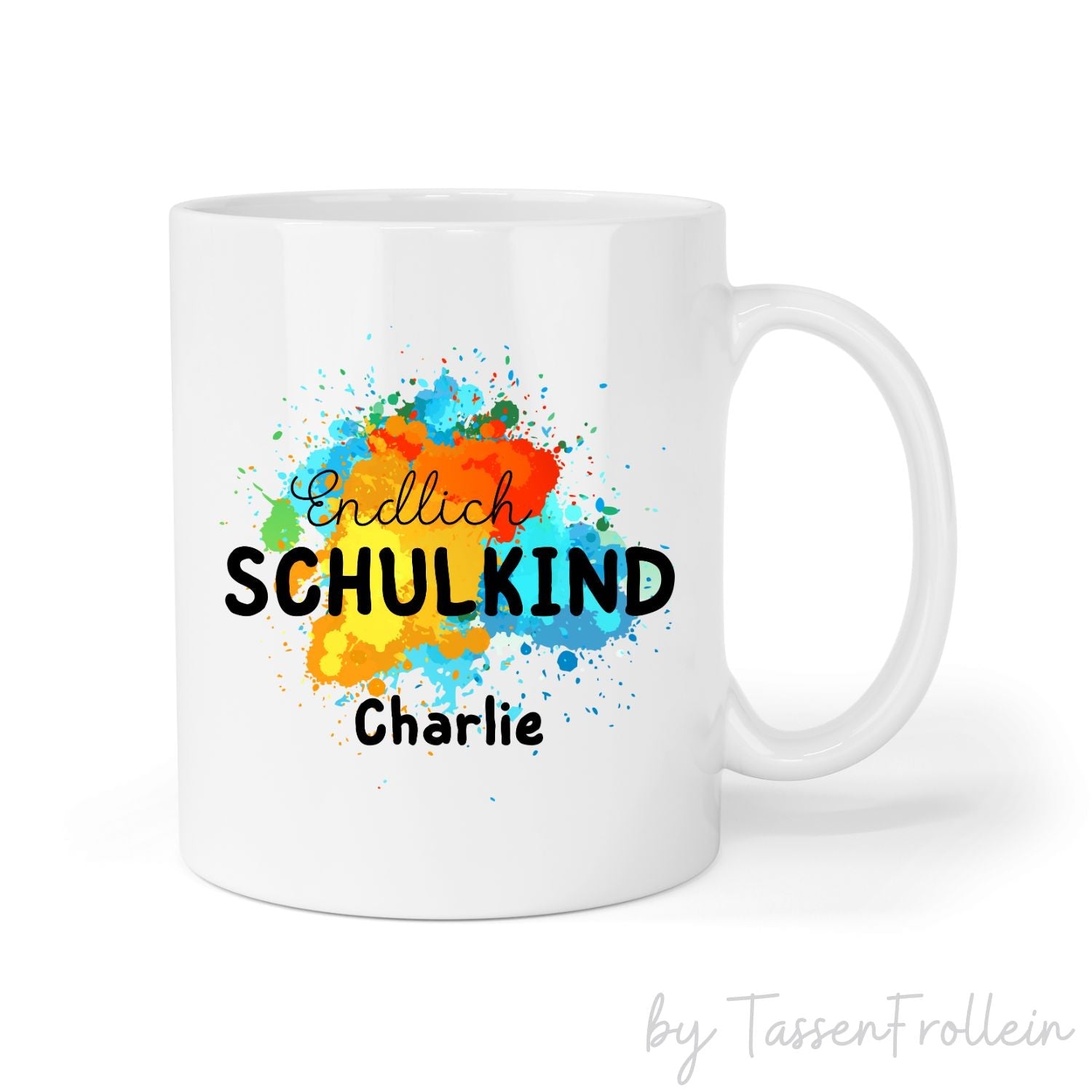 Tasse zur Einschulung - Endlich Schulkind - personalisierbar mit Namen -  bunte Farbklekse - TassenFrollein