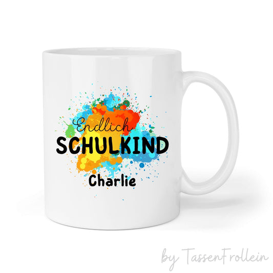 Tasse zur Einschulung - Endlich Schulkind - personalisierbar mit Namen -  bunte Farbklekse - TassenFrollein
