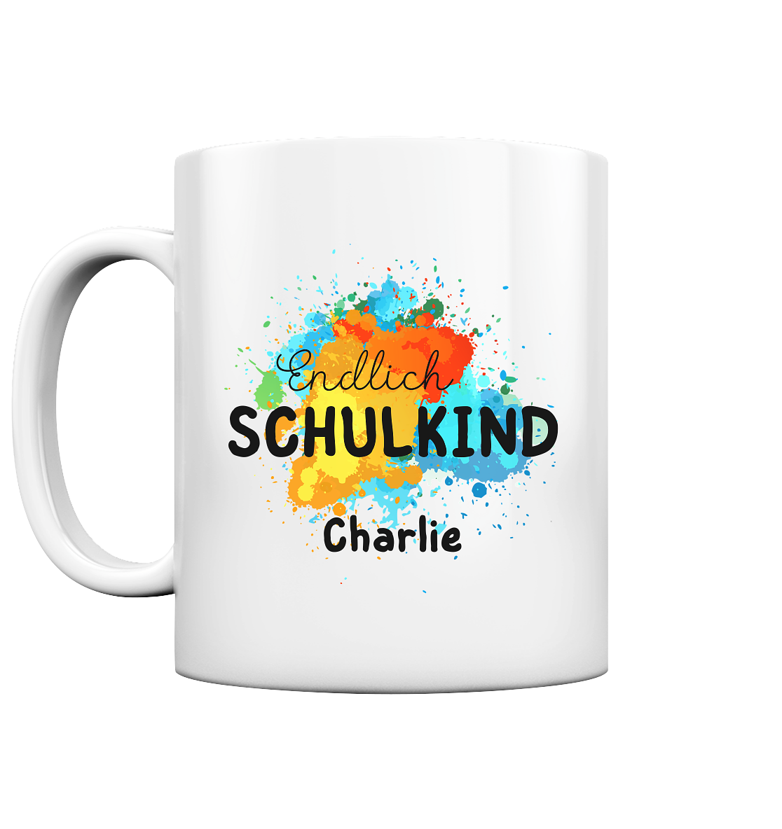 Tasse zur Einschulung - Endlich Schulkind - personalisierbar mit Namen -  bunte Farbklekse