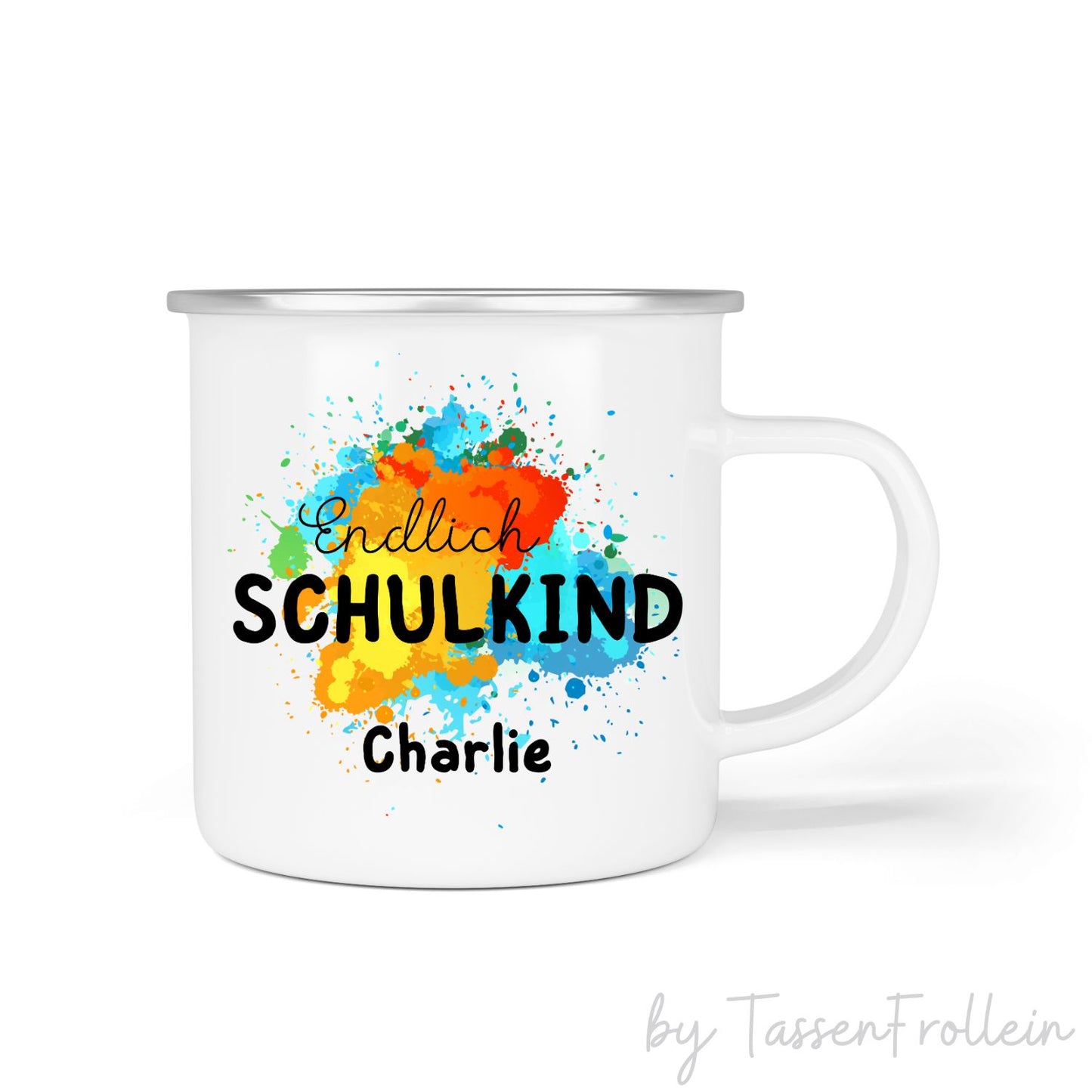 Tasse zur Einschulung - Endlich Schulkind - personalisierbar mit Namen -  bunte Farbklekse