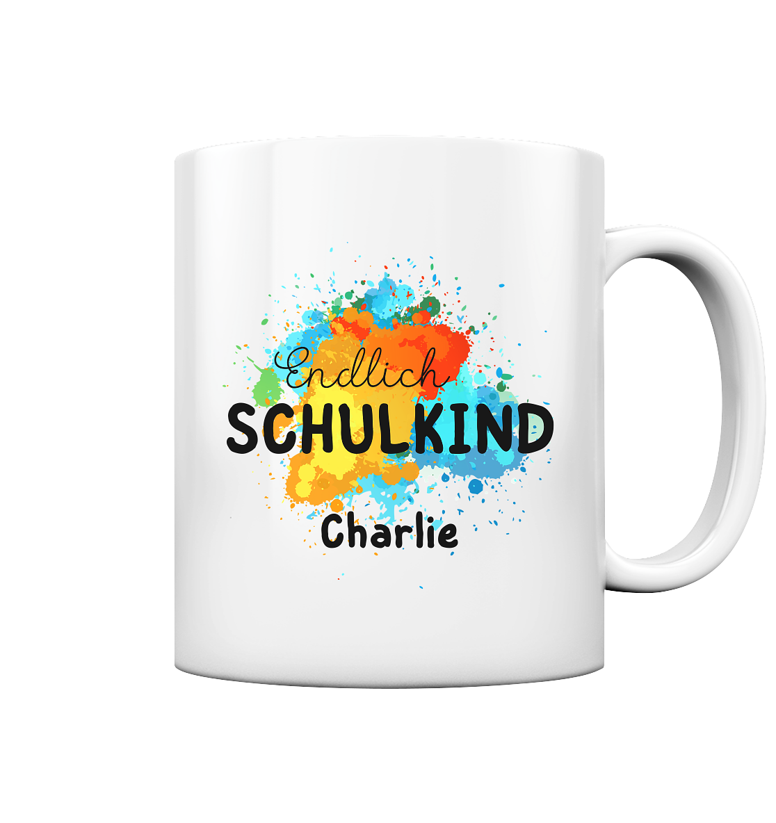 Tasse zur Einschulung - Endlich Schulkind - personalisierbar mit Namen -  bunte Farbklekse