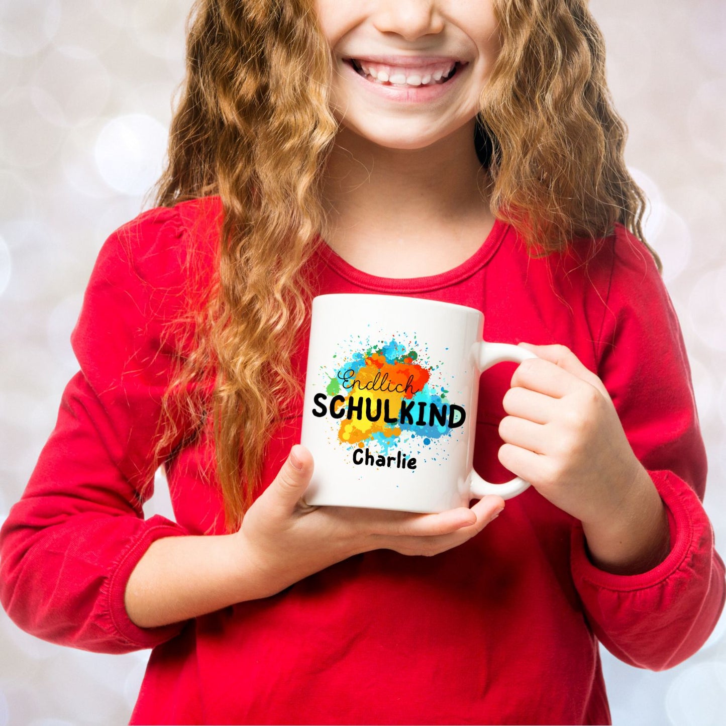 Tasse zur Einschulung - Endlich Schulkind - personalisierbar mit Namen -  bunte Farbklekse