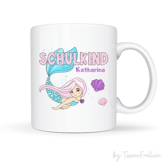 Tasse Meerjungfrau - mit Name - rosa Schuppen-Schrift - Schulkindtasse
