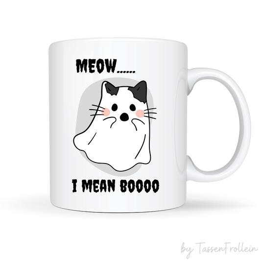 Tasse "Meow... i mean Boooo" -mit verkleideter Katze - Halloween-Tasse